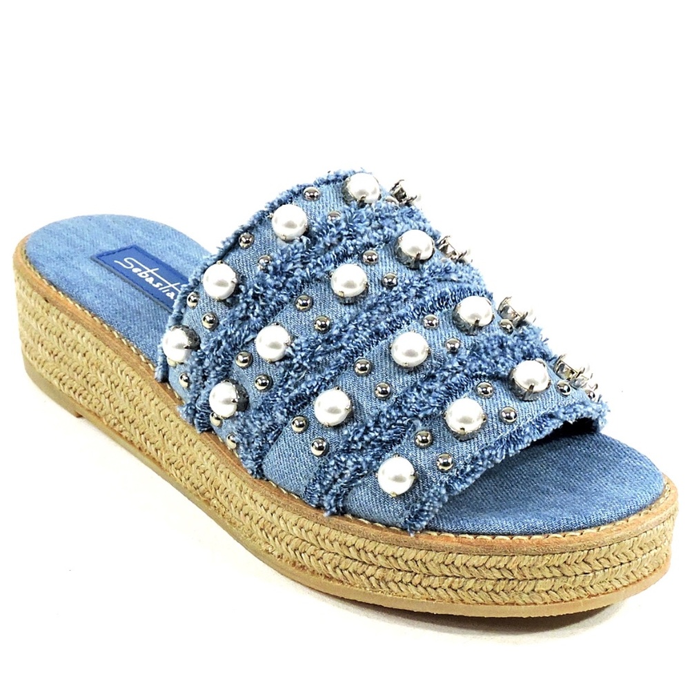 SEBASTIAN 🇮🇹 WOMEN'S BLUE JEANS DENIM COMFORT SUMMER WEDGE MULES - Picture 3 of 8